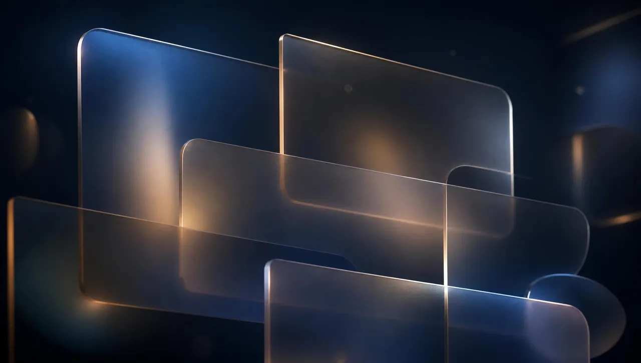 Layered frosted glass panels lit with warm brass edge light